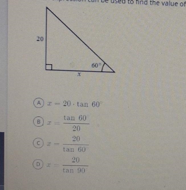 Which expressions can be used to find the value of x in the triangle shown? Write-example-1