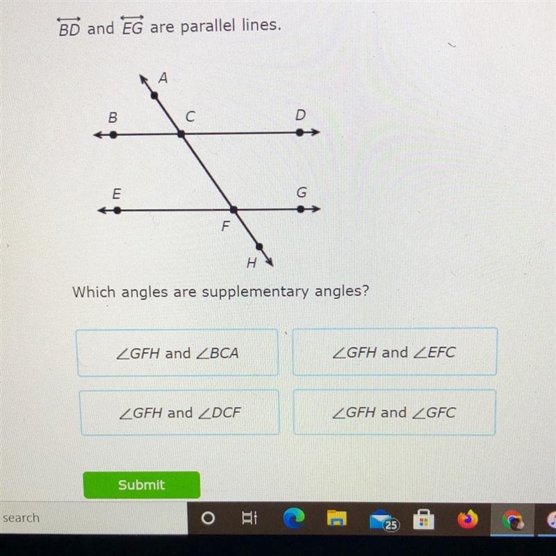 BD and EG are parallel lines.Which angles are supplementary angles?-example-1