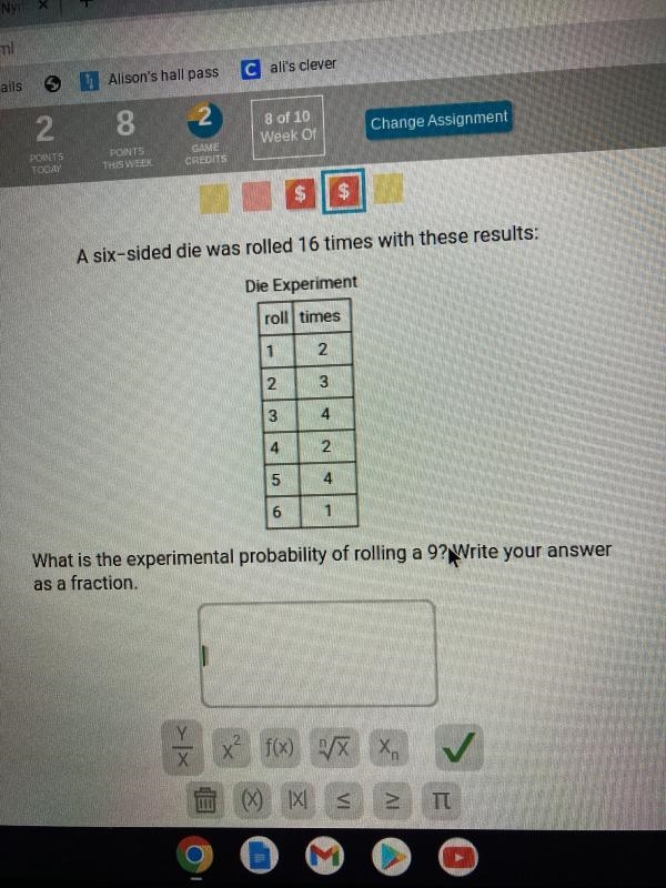 A six-sided die was rolled 16 times with these results:Die Experimentroll times12.2343 442.5461What-example-1