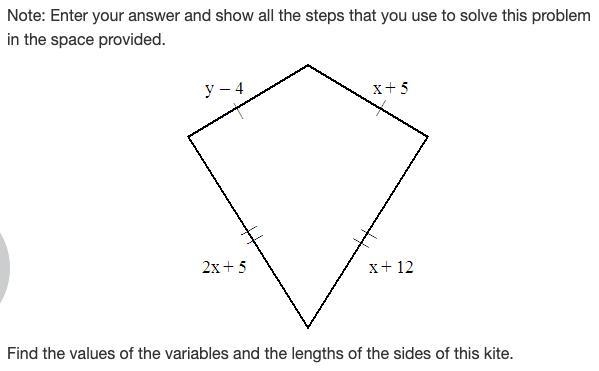 Find the values of the variables and the lengths of the sides of this kite. (image-example-1