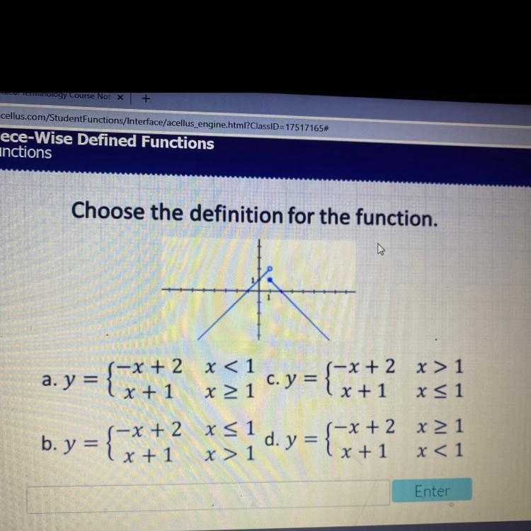 Choose the definition for the function.D.1a. y = {-x+ 2 x<1Lx + 1--x+ 2 x > 1x-example-1