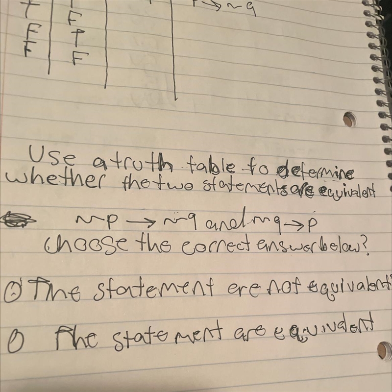 Use the truth table to determine weather the two statement are equivalent-example-1