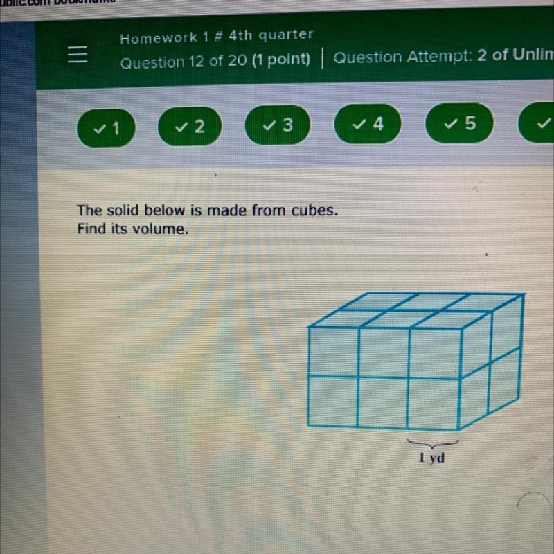 The solid below is made from cubes.Find its volume.1 yd-example-1