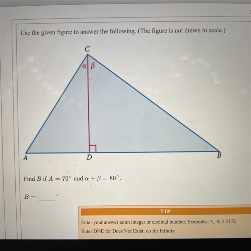 Find B if A=70° and a + b = 80°-example-1