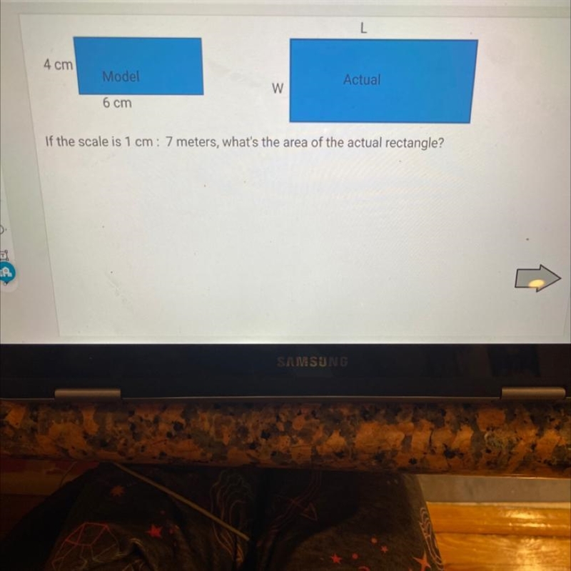 If the scale is 1 cm : 7 meters, what’s the area of the actual rectangle?-example-1