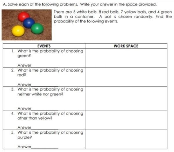 There are 5 white balls. 8 red balls, 7 yellow balls, and 4 green balls in a container-example-1