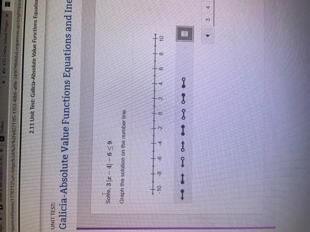 Solve, 3|x−4|−6≤9. Graph the solution on the number line.-example-1