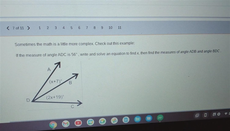 of the measure of angle ADC is 56 wrote and solve an equation to find x, then find-example-1