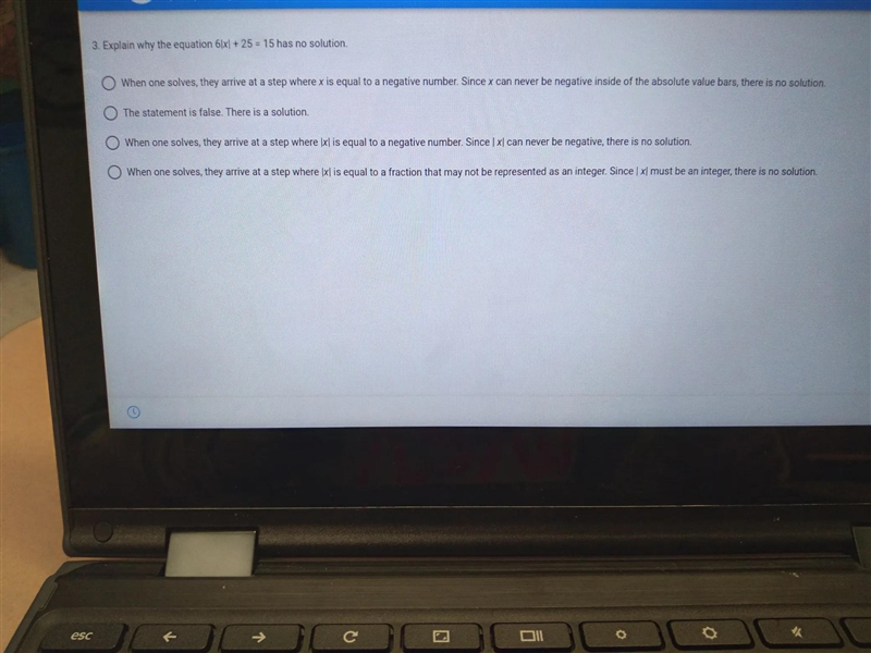 3. Explain why the equation 6lx] + 25 = 15 has no solution. O When one solves, they-example-1