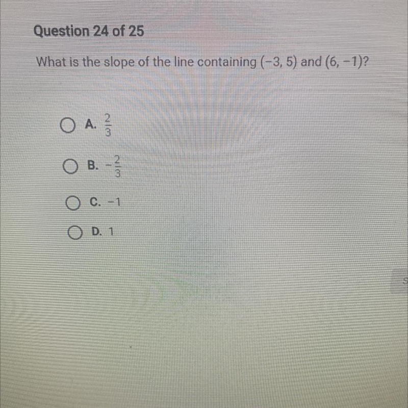 What is the slope of the line containing (-3, 5) and (6, -1)?O A.O3OB.NICO23O C. -1O-example-1