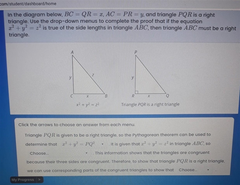 In the diagram below, BC = QR=1, AC = PR=y, and triangle PQR is a right triangle. Use-example-1