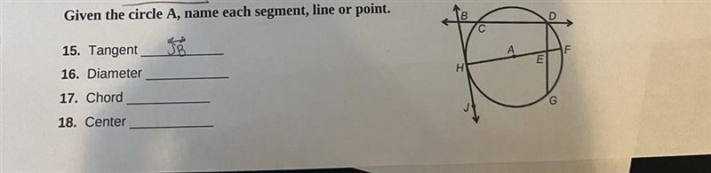 Given the circle A, name the segment, line, or point of number 16-example-1