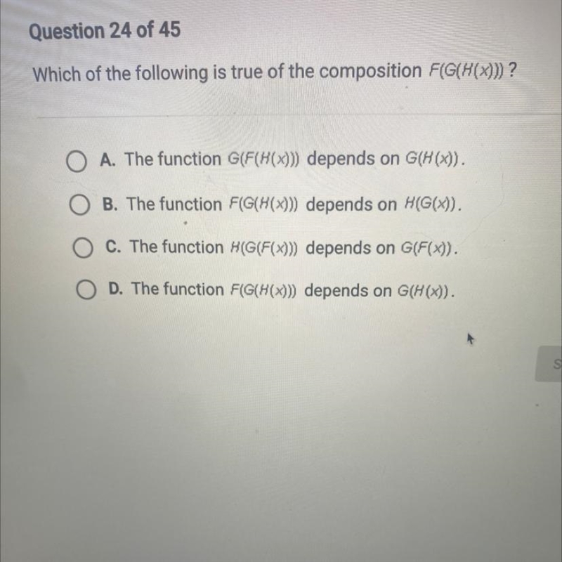 Which of the following is true of the composition F(G(H(X)))? A. The function G(F-example-1