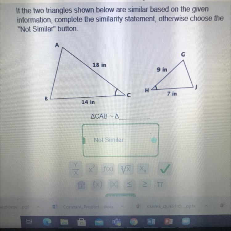 If the two triangles shown below are similar based on the giveninformation, complete-example-1