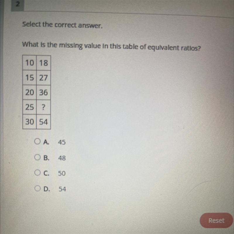 What is the missing value in this table of equivalent ratlos? 10 18 15 27 20 36 25 ? 30 54-example-1