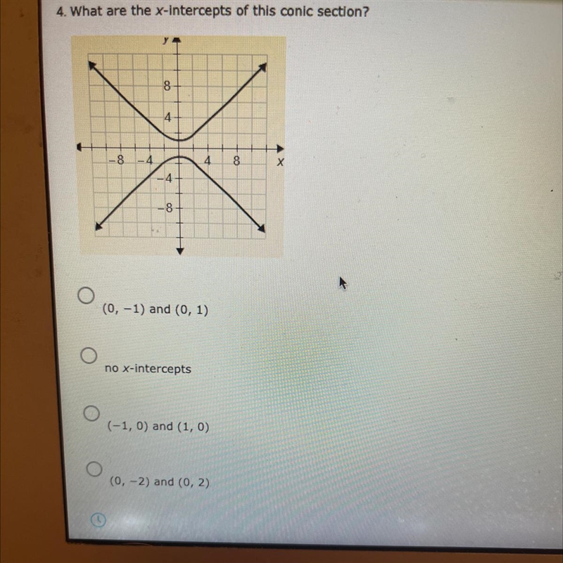 4 What are the x-intercepts of this conic section?4-4(0, -1) and (0, 1)no x-intercepts-example-1