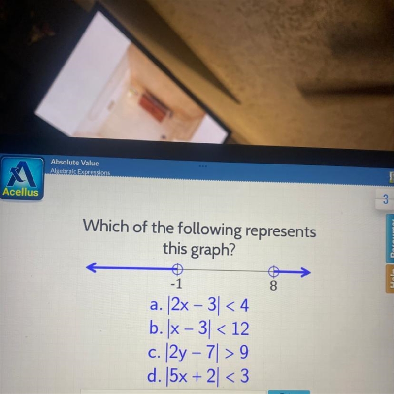 Which of the following represents this graph? -1 a. |2x - 3|< 4 b.x - 3|< 12 c-example-1