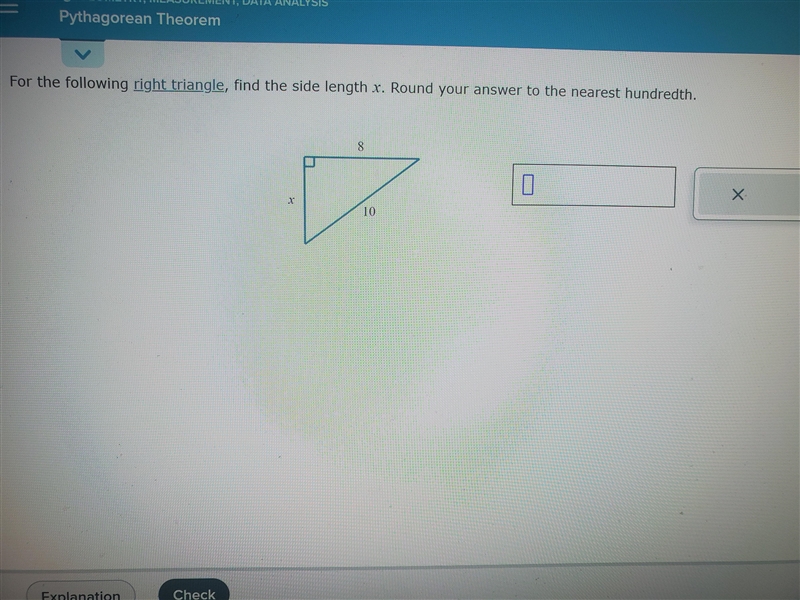 For the following right triangle, find the side length x. Round your answer to the-example-1