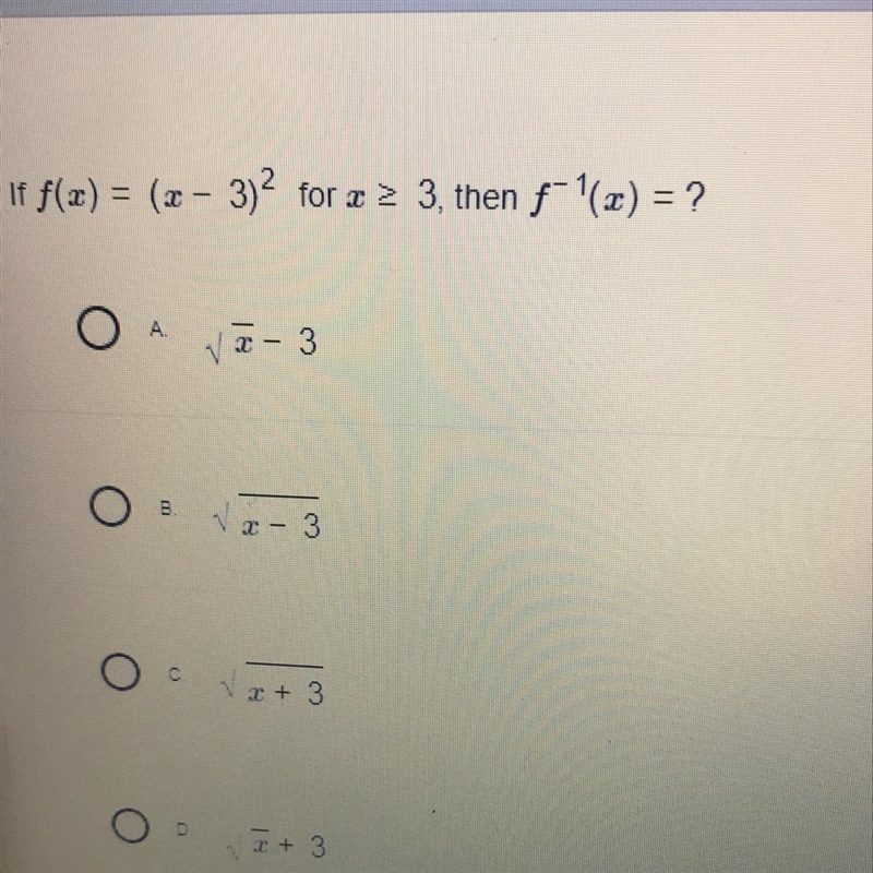 If f(x) = (1 - 3)2 for 2 > 3, then f-1(x) = ?-example-1