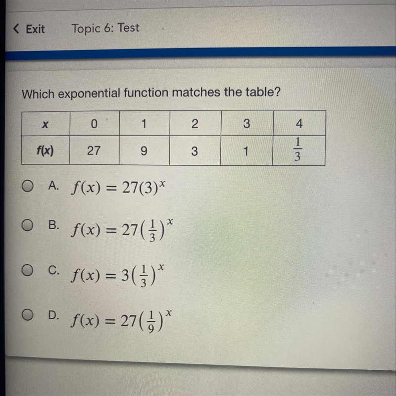 Which exponential function matches the table? х 0 1 2 3 4 f(x) 27 9 3 1 1 3 A. f(x-example-1