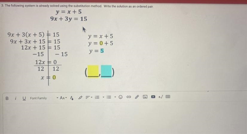 The following system is already solved using the substitution method. Write the solution-example-1