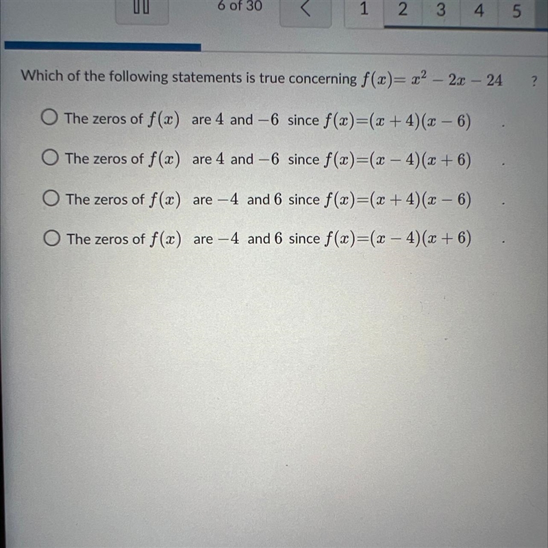 Which of the following statements is true concerning f(x) = x2 - 22 - 24 Please help-example-1