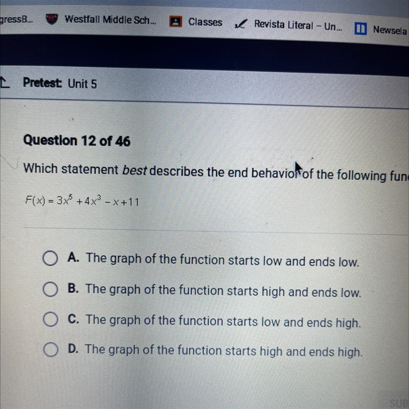 Which statement best describes the end behavior of the following function F(x)= 3x-example-1