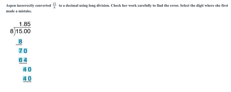 Aspen incorrectly converted 15/8 to a decimal using long division. Check her work-example-1