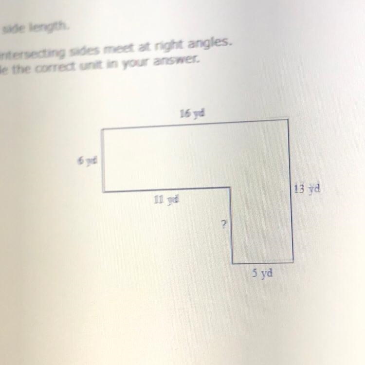 Find the missing side length. Assume that all intersecting sides meet at right angles-example-1