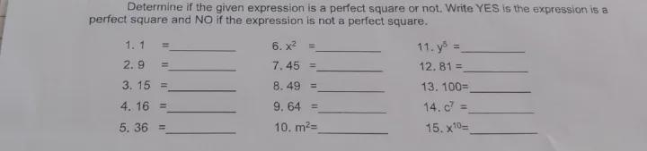 ExerciseWrite yes ✓ is the expression is a perfect square and no X if the expression-example-1