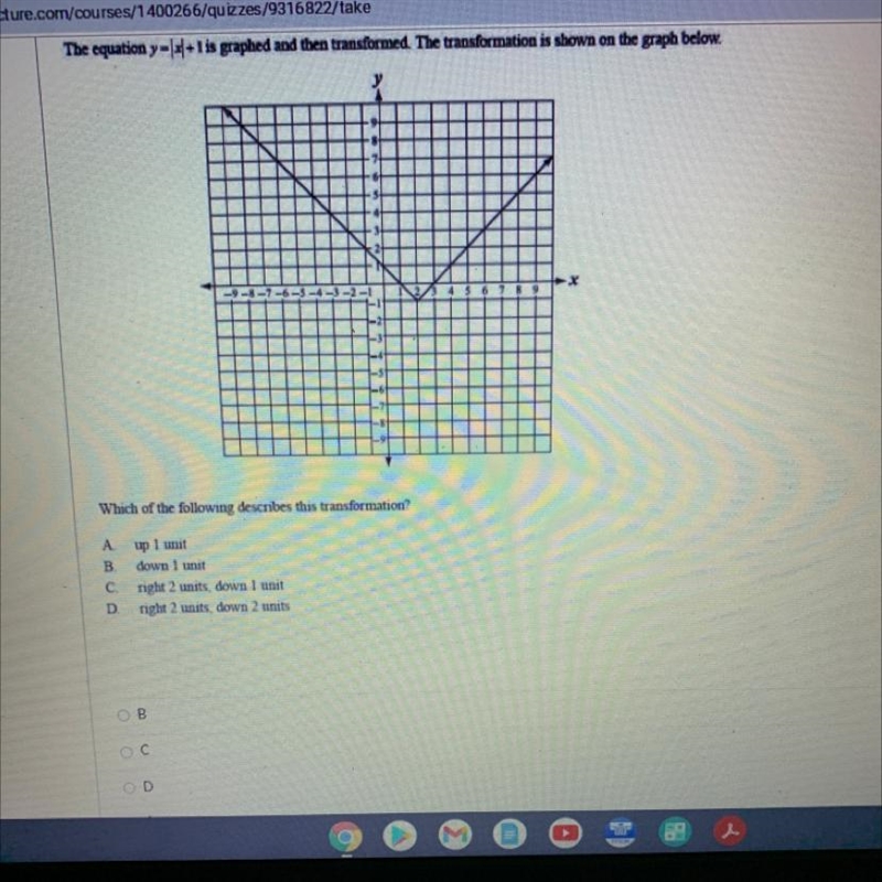 The equation y=|x|+1 is graphed and then transformed. the transformation is on the-example-1