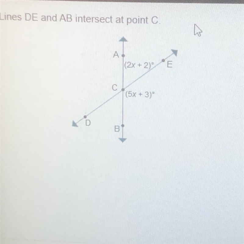 Lines DE and AB intersect at point C. What is the value of x? A.12 B.25 C.38 D.05-example-1