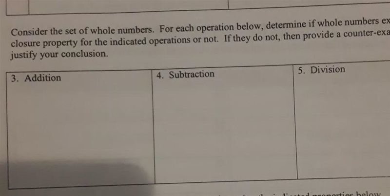 derermine if the whole numbers exhibit the closure property for the indicated ooerations-example-1