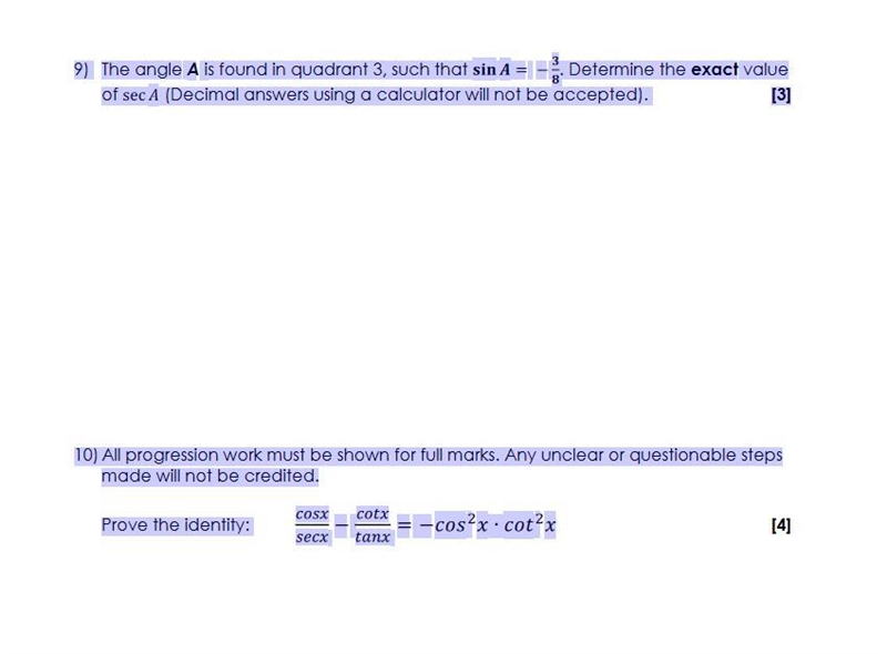 The angle A is found in quadrant 3, such that = − . Determine the exact value of sec-example-1