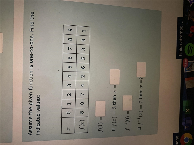 Assume the given function is one-to-one. Find the indicated values:x0123456789f(x-example-1