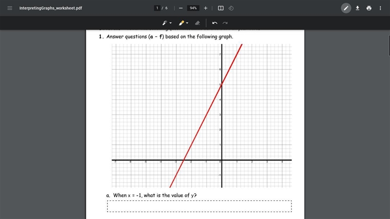 . Answer questions (a – f) based on the following graph. a. When x = -1, what is the-example-1