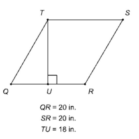 What is the area of parallelogram QRST? 400 in^2360 in^2 180 in^2210 in^2-example-1