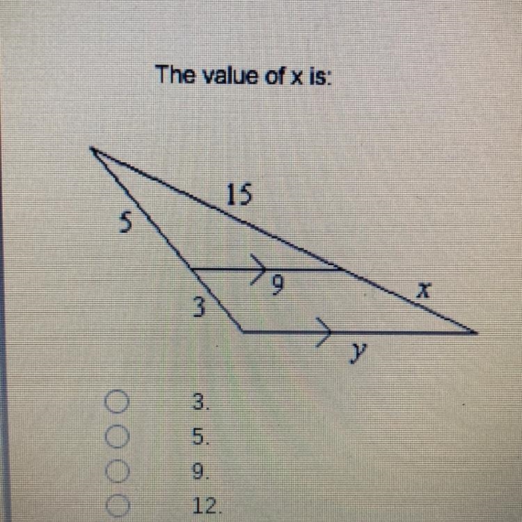 5 0000 The value of x is: 3 m_ii હું 15 CN y X-example-1