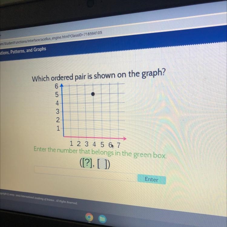 Which ordered pair is shown on the graph? 6 5 4 3 2 1 COL + 0 1 2 3 4 5 6 7 Enter-example-1