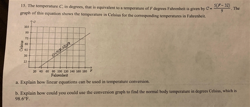 Explain how linear equations can be used in temperature conversion.Explain how you-example-1