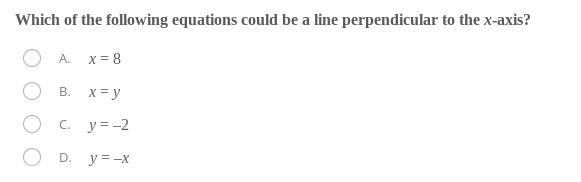 Which of the following equations could be a line perpendicular to the x-axis?x = 8x-example-1