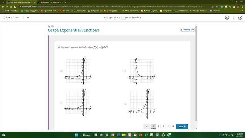 Which graph represents the function f(x)=3⋅5^x?-example-1