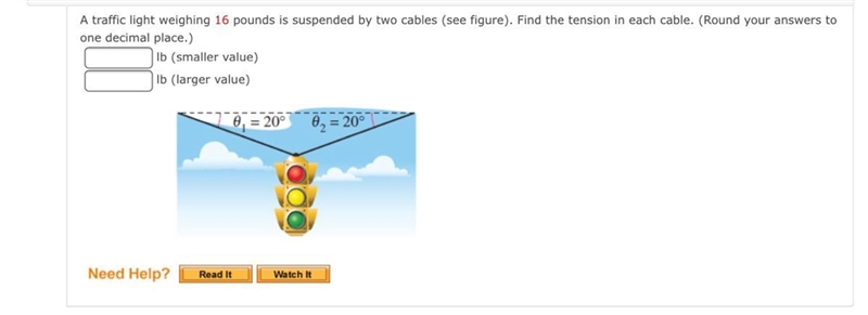 A traffic light weighing 16 pounds is suspended by two cables (see figure). Find the-example-1