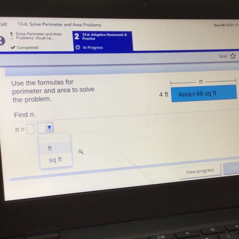 Use the formulas for perimeter and area to solve the problemFind n.n= ? Ft or sq ft-example-1