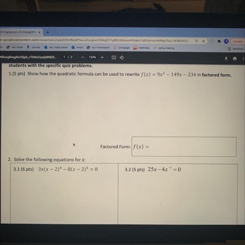 Show how the quadratic formula can be used to rewrite : f(x) = 9x^2 - 149x - 234IN-example-1