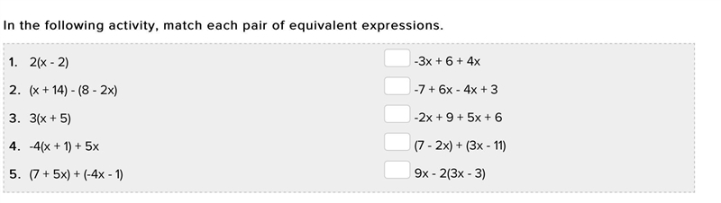 In the following activity, match each pair of equivalent expressions(will give 50 points-example-1