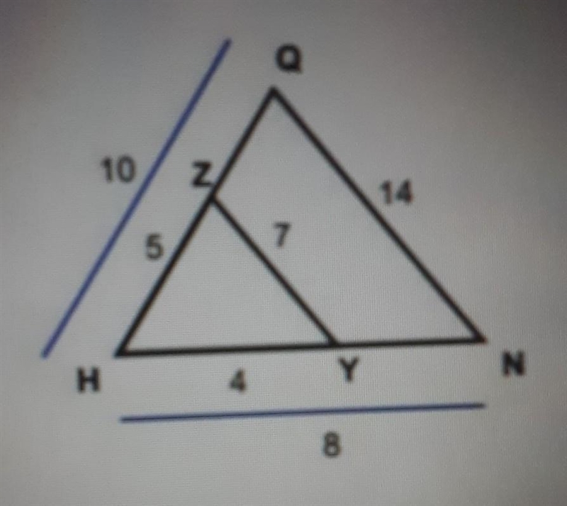 Determine if the triangles, △NHQ and △YHZ, are similar. If so, identify the similarity-example-1