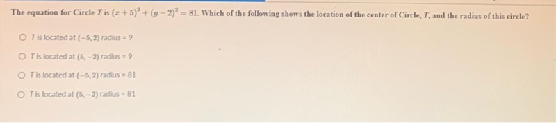 Which of the following shows the location of the center Circle T and the radius of-example-1