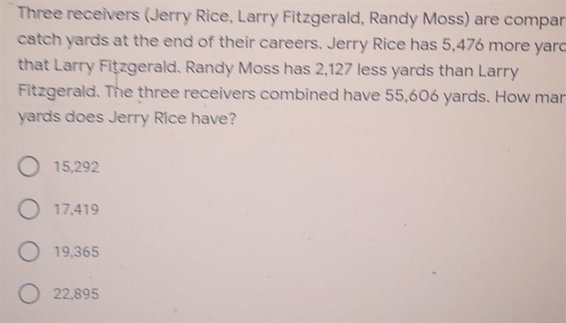 three receivers Jerry Rice Larry Fitzgerald Randy Moss are comparing catch yards at-example-1