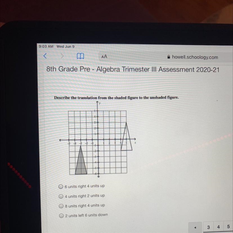 Describe the translation from the shaded figure to the unshaded figure.O 6 units right-example-1